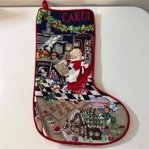 Vtg Wool Needlepoint Christmas Stocking Mrs Clause Personalized Velvet Back 21”